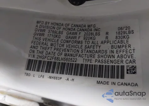 2020 Honda Civic Lx z USA, uszkodzony, nr VIN 2HGFC2F68LH560522